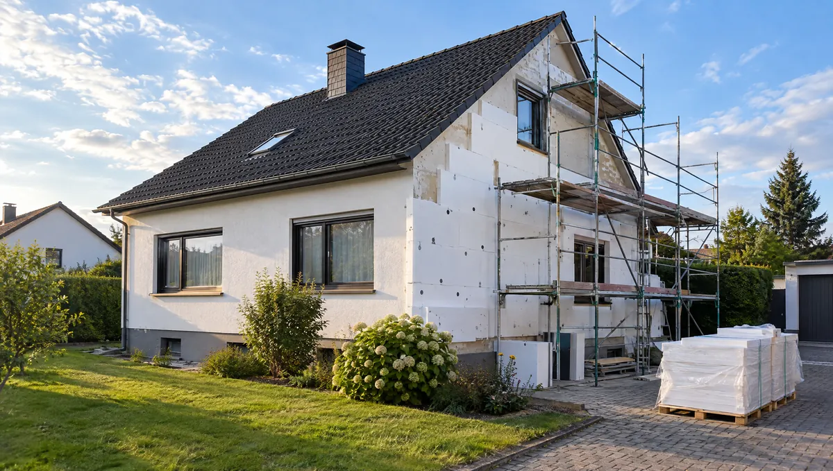 Freistehendes Einfamilienhaus mit Gerüst und neuen Dämmplatten an der Fassade